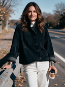 Women’s American Retro Casual Style Black Faux Suede Button-Front Jacket With Embroidery Cuff Trim ZMZ2168J3ZYY