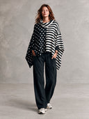 Women’s Classic American Casual Black And White Polka Dot Striped Knit Poncho Sweater With Cowl Neck ZMZ2298J9ZYY