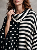 Women’s Classic American Casual Black And White Polka Dot Striped Knit Poncho Sweater With Cowl Neck ZMZ2298J9ZYY