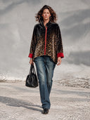 Women’s Classic American Casual Velvet Leopard Print Zip-Up Jacket With Red Contrast Cuffs ZMZ2266J9ZYY