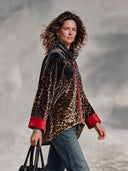 Women’s Classic American Casual Velvet Leopard Print Zip-Up Jacket With Red Contrast Cuffs ZMZ2266J9ZYY