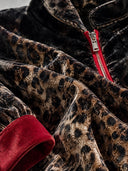 Women’s Classic American Casual Velvet Leopard Print Zip-Up Jacket With Red Contrast Cuffs ZMZ2266J9ZYY