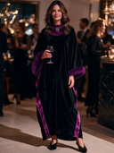 Women’s Elegant Vintage-Style Black Velvet Caftan Party Dress With Purple Faux Fur Cuffs And Velvet Trim ZMZ2193J9ZYY