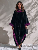 Women’s Elegant Vintage-Style Black Velvet Caftan Party Dress With Purple Faux Fur Cuffs And Velvet Trim ZMZ2193J9ZYY