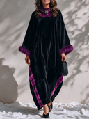 Women’s Elegant Vintage-Style Black Velvet Caftan Party Dress With Purple Faux Fur Cuffs And Velvet Trim ZMZ2193J9ZYY