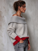 Women's Casual Mohair Color-blocked Collar Off-shoulder Sweater ZMZ2233J8XT