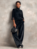 Women's Black Velvet Turtleneck Lace Cuff Top With Wide-Leg Pants Two-Piece Set ZMZ2213J2XT