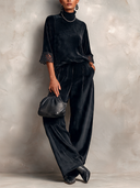 Women's Black Velvet Turtleneck Lace Cuff Top With Wide-Leg Pants Two-Piece Set ZMZ2213J2XT