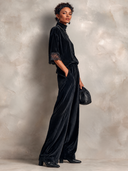 Women's Black Velvet Turtleneck Lace Cuff Top With Wide-Leg Pants Two-Piece Set ZMZ2213J2XT
