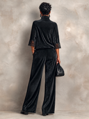 Women's Black Velvet Turtleneck Lace Cuff Top With Wide-Leg Pants Two-Piece Set ZMZ2213J2XT