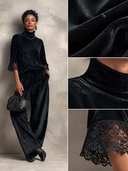 Women's Black Velvet Turtleneck Lace Cuff Top With Wide-Leg Pants Two-Piece Set ZMZ2213J2XT