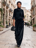 Women's Black Velvet Turtleneck Lace Cuff Top With Wide-Leg Pants Two-Piece Set ZMZ2213J2XT