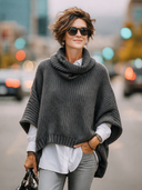 Women’s Classic Casual Gray Knit Cowl Neck Poncho Sweater - Oversized Batwing Pullover ZMZ2131J2ZYY