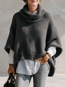 Women’s Classic Casual Gray Knit Cowl Neck Poncho Sweater - Oversized Batwing Pullover ZMZ2131J2ZYY