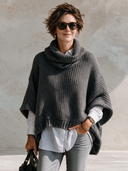 Women’s Classic Casual Gray Knit Cowl Neck Poncho Sweater - Oversized Batwing Pullover ZMZ2131J2ZYY