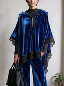 Women's Velvet Hooded Poncho With Black Lace Trim And Half-Zip ZMZ2213J8YZH
