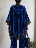Women's Velvet Hooded Poncho With Black Lace Trim And Half-Zip ZMZ2213J8YZH