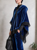 Women's Velvet Hooded Poncho With Black Lace Trim And Half-Zip ZMZ2213J8YZH
