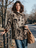 Women’s Classic American Casual Taupe Brown Spotted Print Velvet Jacket With Asymmetric Button Front And Turn-Back Cuffs ZMZ2178J1ZYY