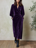 Women's Velvet Wrap Midi Dress With Puff Sleeves And V-Neck ZMZ2296J7YZH