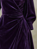 Women's Velvet Wrap Midi Dress With Puff Sleeves And V-Neck ZMZ2296J7YZH