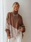 Women's Oversized Brown Turtleneck Sweater With Houndstooth Jacquard Panels ZMZ2277J1YZH