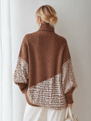 Women's Oversized Brown Turtleneck Sweater With Houndstooth Jacquard Panels ZMZ2277J1YZH