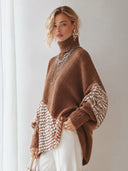 Women's Oversized Brown Turtleneck Sweater With Houndstooth Jacquard Panels ZMZ2277J1YZH