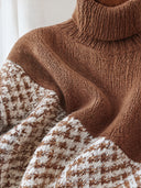 Women's Oversized Brown Turtleneck Sweater With Houndstooth Jacquard Panels ZMZ2277J1YZH
