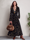 Women's Retro V-neck Velvet Gold Polka Dot Print Long-sleeved Dress ZMZ2287J8SWL