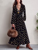 Women's Retro V-neck Velvet Gold Polka Dot Print Long-sleeved Dress ZMZ2287J8SWL
