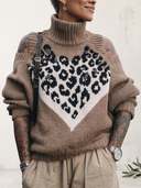 Women's Mocha Leopard Intarsia Cold-Shoulder Turtleneck Sweater ZMZ2295J9YZH