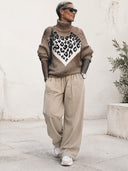 Women's Mocha Leopard Intarsia Cold-Shoulder Turtleneck Sweater ZMZ2295J9YZH