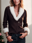 Women's Fashion Dark Brown Faux Fur Patchwork V-Neck Knit Sweater ZMZ2251J1SWL