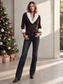 Women's Fashion Dark Brown Faux Fur Patchwork V-Neck Knit Sweater ZMZ2251J1SWL