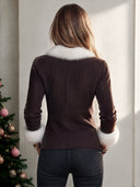 Women's Fashion Dark Brown Faux Fur Patchwork V-Neck Knit Sweater ZMZ2251J1SWL