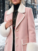 Women’s Fashionable Pink Wool-Blend Coat With Faux-Fur Paneling And Single-Breasted Closure ZMZ2212J3SWL