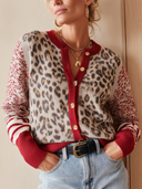 Women's Leopard Print Knit Cardigan With Red Trim And Gold Buttons ZMZ2281J4YZH