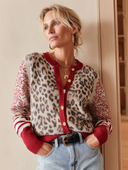 Women's Leopard Print Knit Cardigan With Red Trim And Gold Buttons ZMZ2281J4YZH