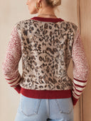 Women's Leopard Print Knit Cardigan With Red Trim And Gold Buttons ZMZ2281J4YZH
