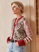 Women's Leopard Print Knit Cardigan With Red Trim And Gold Buttons ZMZ2281J4YZH