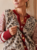 Women's Leopard Print Knit Cardigan With Red Trim And Gold Buttons ZMZ2281J4YZH