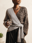 Women's Leopard Colorblock Wrap Knit Top With Side Tie, Deep V-Neck Long Sleeve Cardigan ZMZ2233J2YZH