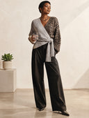 Women's Leopard Colorblock Wrap Knit Top With Side Tie, Deep V-Neck Long Sleeve Cardigan ZMZ2233J2YZH