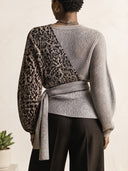Women's Leopard Colorblock Wrap Knit Top With Side Tie, Deep V-Neck Long Sleeve Cardigan ZMZ2233J2YZH