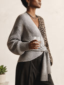 Women's Leopard Colorblock Wrap Knit Top With Side Tie, Deep V-Neck Long Sleeve Cardigan ZMZ2233J2YZH