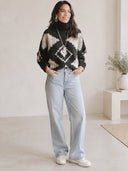 Women's Black And Cream Geometric Jacquard Turtleneck Pullover Sweater ZMZ2287J0YZH