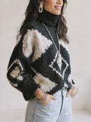 Women's Black And Cream Geometric Jacquard Turtleneck Pullover Sweater ZMZ2287J0YZH