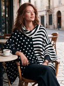 Women’s Classic American Casual Black And White Polka Dot Striped Knit Poncho Sweater With Cowl Neck ZMZ2298J9ZYY