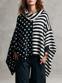 Women’s Classic American Casual Black And White Polka Dot Striped Knit Poncho Sweater With Cowl Neck ZMZ2298J9ZYY